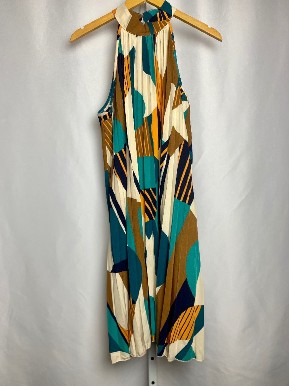 Indie Artsy Multicolor Teal Orange Geometric Pleated Flowy Halter Dress X-Large - Picture 2 of 10